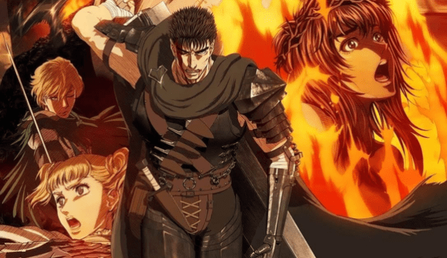 Guts es un mercenario errante que conoció la guerra y la muerte desde que nació de un cadáver colgando, salvado por su madre adoptiva, quien murió de la peste cuando solo tiene tres años. Fue criado adoptivo y entrenado como mercenario por su padre adoptivo Gambino.