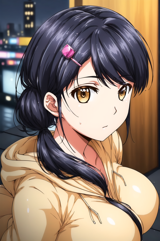 Akane Misaki (Jk ikinari doukyo), 1girl, solo, AkaneMisaki, brown eyes, black hair, pigtails, bangs, hairpin, pink hairpin,