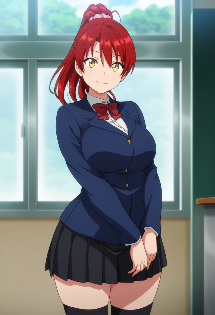 東 響子 (Azuma Kyouko) - トナリノカノジョ (Tonari no Kanojo), kyoukoww, curvy, yellow eyes, red hair, long hair, asymmetrical bangs, hair between eyes, high ponytail, hair scrunchie, pink scrunchie, large breasts,| school uniform, red bowtie, blazer, blue jacket, white collared shirt, long sleeves, black pleated skirt, miniskirt, black kneehighs,| impossible sweater, yellow sweater, turtleneck sweater, ribbed sweater, long sleeves, sleeves past wrists, black frilled skirt, brown pantyhose,| anime screencap, anime-h