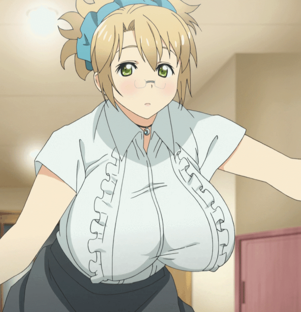 Misaki (みさき) - Boku to Misaki-sensei (ボクとみさき先生), misaki, blonde hair, large breasts, green eyes, glasses, ahoge, short hair, scrunchie, hair scrunchie, mature female, large breasts, anime screencap