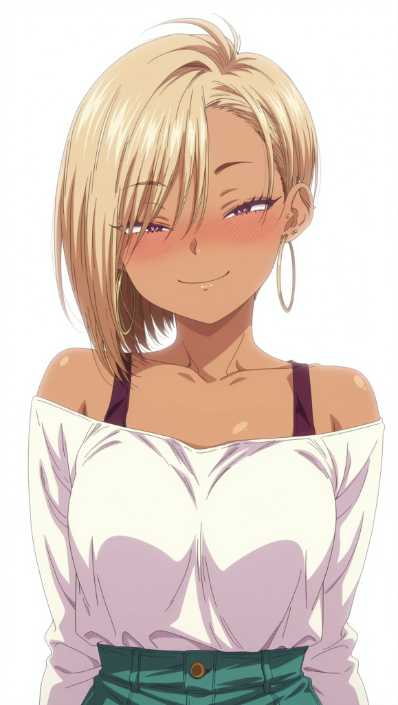 Rina_San WAW (Kuro Gal a La Carte), Rina_San, 1 girl, dark skin, short hair, bangs, earrings, blonde hair, purple eyes, ear piercings, anime screencap, anime-h