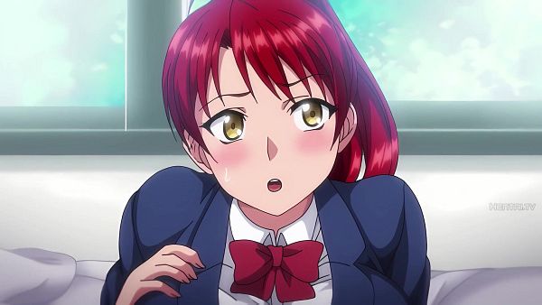 東 響子 (Azuma Kyouko) - トナリノカノジョ (Tonari no Kanojo), kyoukoww, curvy, yellow eyes, red hair, long hair, asymmetrical bangs, hair between eyes, high ponytail, hair scrunchie, pink scrunchie, large breasts,| school uniform, red bowtie, blazer, blue jacket, white collared shirt, long sleeves, black pleated skirt, miniskirt, black kneehighs,| impossible sweater, yellow sweater, turtleneck sweater, ribbed sweater, long sleeves, sleeves past wrists, black frilled skirt, brown pantyhose,| anime screencap, anime-h