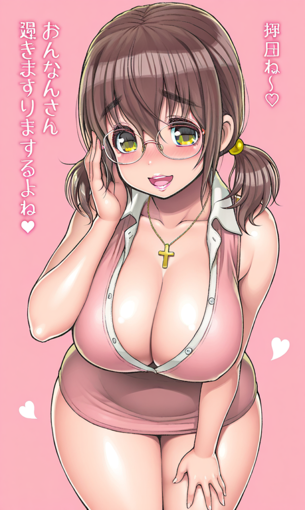 Nagai-san (Nagachichi Nagai-san The Animation//ながちち永井さん THE ANIMATION), ながちち永井さん, anime girl, brown hair, twin tails, shoulder-length hair, side bangs, brown eyes, pink croptop, athletic outfit, black shorts, sporty look, sweating, shiny skin, nsfw, gigantic boobs, anime-h
