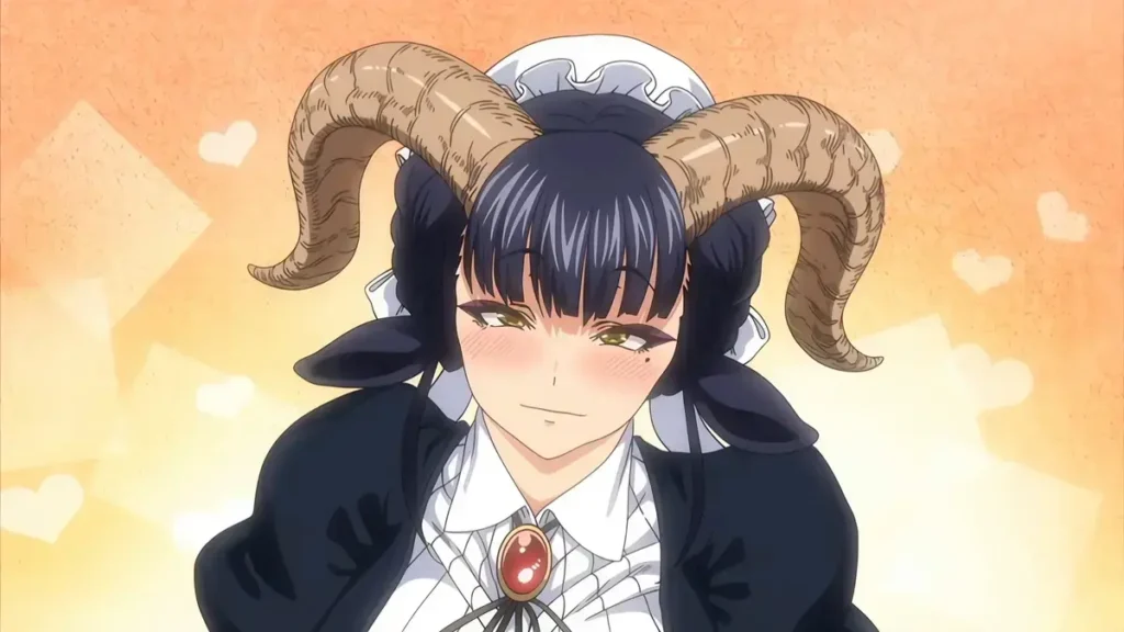 Maya | Ajin ga osuki nan desu ne, anime-h, Maya, 1wom, yellow eyes, lined eyes, eyeshadow, horizontal pupils, big breasts, big thighs, curvy body, black hair, hair up, horns, goat horns, goat legs, hairy legs, maid outfit, black dress, white apron, maid hat, necklace, goat ears, goat tail, big butt
