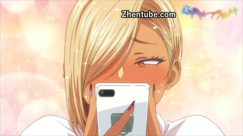 Rina_San WAW (Kuro Gal a La Carte), Rina_San, 1 girl, dark skin, short hair, bangs, earrings, blonde hair, purple eyes, ear piercings, anime screencap, anime-h
