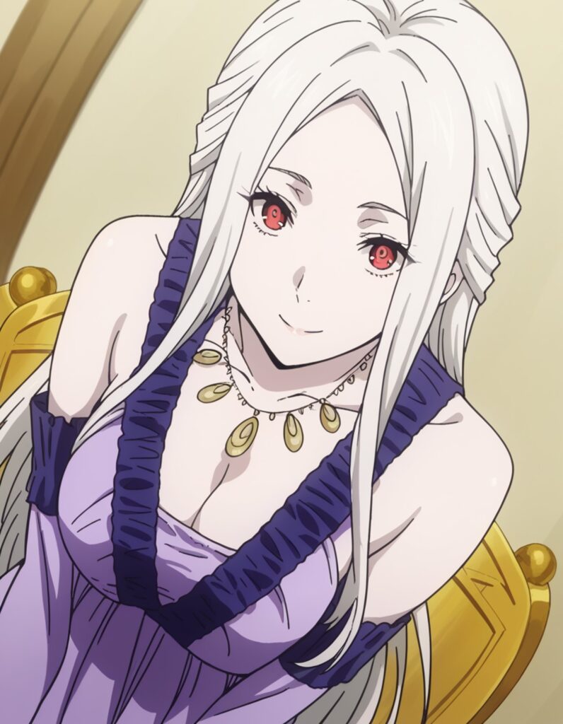 leonoranakiri, ,
leonora nakiri, long hair, red eyes, white hair, pale skin, forehead,
dress, cleavage, bare shoulders, jewelry, necklace, purple dress,
indoors, bent over, smile,
looking at viewer, cowboy shot, dutch angle, solo, Leonora Nakiri (薙切 レオノーラ) - Food Wars! (食戟のソーマ)