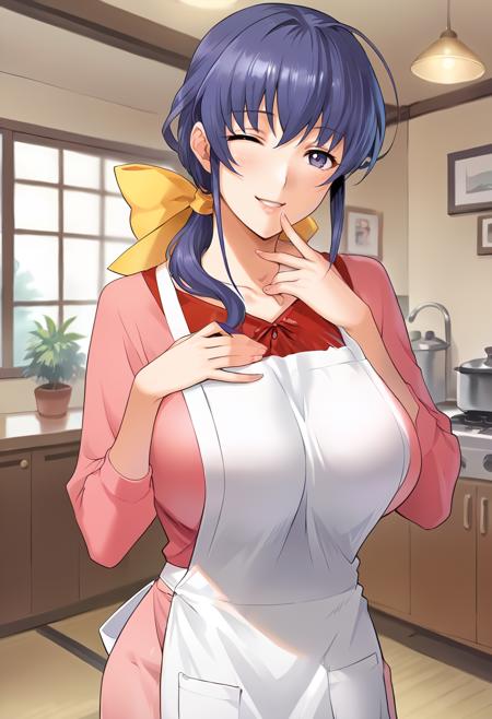 Haruka Ogihara 荻原遥 PONY - Madonna: Kanjuku Body Collection マドンナ~完熟ボディCollection~ 2 hairstyle, ct_haruka, blue hair, ponytail, hair bow, large breasts,, pink shirt, long sleeves, apron, light pink long skirt,, ct_haruka, blue hair, medium hair, large breasts