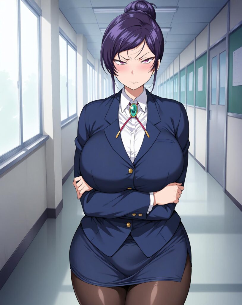 Tomoe_h, 1girl, solo,purple hair, purple eyes, single hair bun,large breasts, thick thighs, blue jacket,white shirt, brooch tie, blue pencil skirt,brown pantyhose, black shoes, crotchless panties, lingerie,body writing,nipples, gym uniform, red buruma, Tomoe Hyoudou (Yuugao) 兵頭 巴 (夕顔), 目が潰れやすいのでadetailerを使用してくださいthick thighsは太くなりすぎることがありますweight:0.75-1.0, anime-H