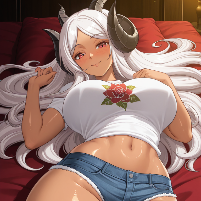 Daki 鬼父ハーレム [Onichichi Harem], anime-h, monster boobs, hyper milf, tan skin, white hair, spiral horns, reddish eyes, giant ass, massive hips, juicy thighs, exaggerated curves, towering woman, glistening skin, soft face, dominant milf, hanime style, (((hyper-realistic brushwork))), (((baroque oil masterpiece))), ((cinematic chiaroscuro)), ((glasslike luminosity)), ((dramatic low-key lighting)), radiant lacquered finish, intense vermilion blush with radiant contour,