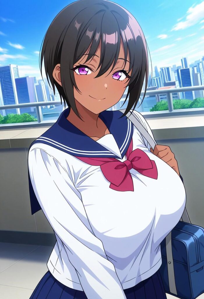 Chika Kitamura 北村ちか | Fuuki Iin to Fuuzoku Katsudou 風紀委員とフーゾク活動, Chika Kitamura,dark skinned female, purple_eyes, black_hair ,short hair, huge_breasts, anime-H