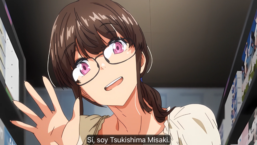 月島 岬 (Tsukishima Misaki) - 知らないこと知りたいの? (Shiranai Koto Shiritai no), anime screencap,, misakiww, mature female, curvy, purple eyes, black-framed eyewear, brown hair, long hair, sidelocks, low ponytail, hair scrunchie, blue scrunchie, huge breasts,, low neckline, white blouse, cleavage cutout, red bow, puffy short sleeves, frilled sleeves, tight pants, denim, jeans, dark blue pants,, frilled hairband, detached collar, frilled collar, dark blue bowtie, white bow, dark blue bikini, frilled bikini, eyepatch bikini, micro bikini, string bikini, side-tie bikini bottom, anime-H