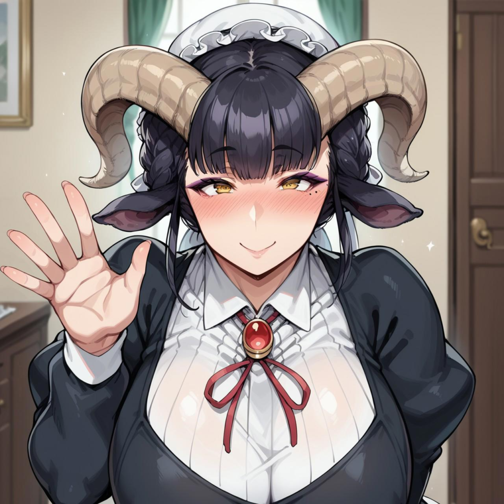 Maya | Ajin ga osuki nan desu ne, anime-h, Maya, 1wom, yellow eyes, lined eyes, eyeshadow, horizontal pupils, big breasts, big thighs, curvy body, black hair, hair up, horns, goat horns, goat legs, hairy legs, maid outfit, black dress, white apron, maid hat, necklace, goat ears, goat tail, big butt