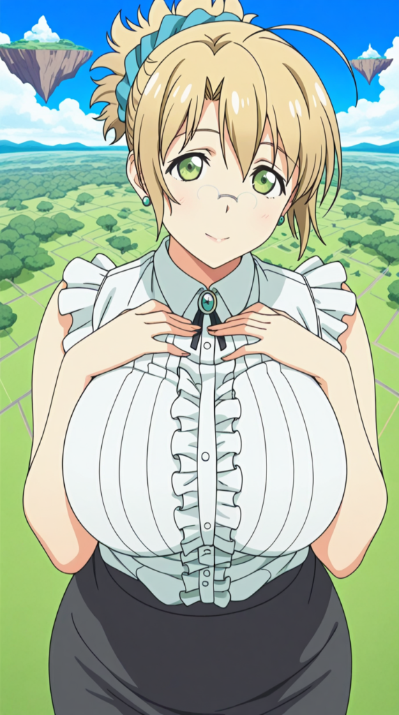 Misaki (みさき) - Boku to Misaki-sensei (ボクとみさき先生), misaki, blonde hair, large breasts, green eyes, glasses, ahoge, short hair, scrunchie, hair scrunchie, mature female, large breasts, anime screencap