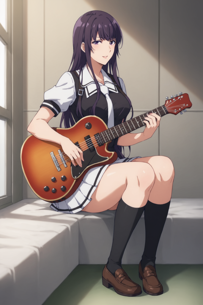 iwami sara, long hair, purple hair, blunt bangs, purple eyes, black shirt, white sleeves, white sailor collar,
