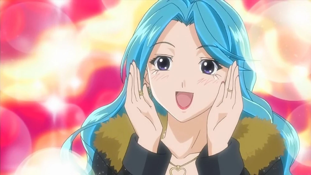 ageha kurono, long hair, blue hair, purple eyes, wavy hair, parted bangs, mature female, large breasts, anime screencap, Obasan más atractivas
