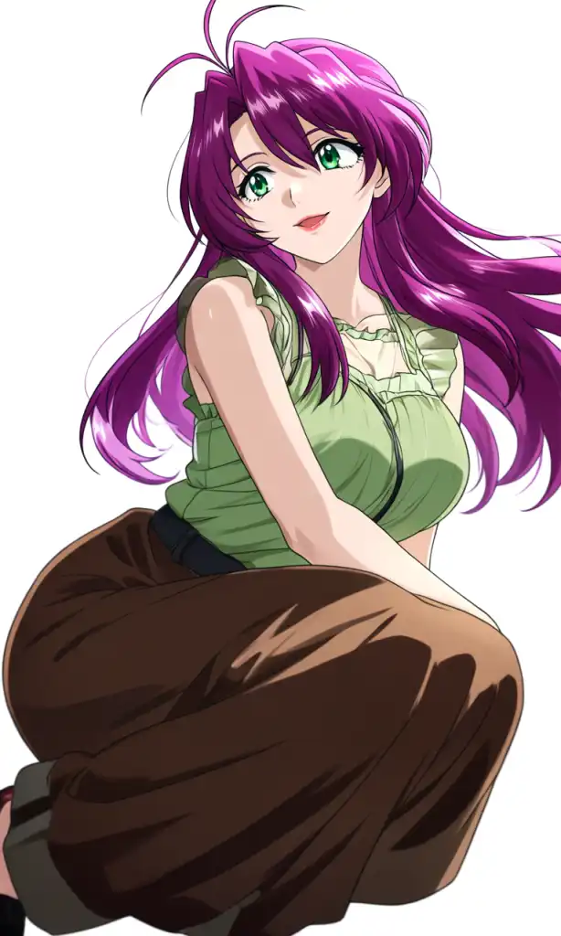purple hair, long hair, ahoge, green eyes, big breasts, lips, green shirt, brown skirt, anime screencap, Onegai Teacher, character name Kazami Hatsuho (old, milf, purple hair, long hair, ahoge, green eyes, big breasts, lips, green shirt, sleeveless shirt, brown skirt, long skirt), happy smile, hand on own cheek, from front, cowboy shot, anime screencap, masterpiece, ultra detail, anime illustration. great quality, best quality anime illustration. great quality, best quality