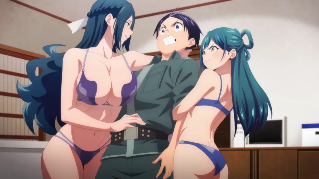 fubuki azuma, long hair, black hair, green hair, yellow eyes, braid, hair ribbon, hair over one eye, large breasts, anime screencap, Ecchi de Batalla