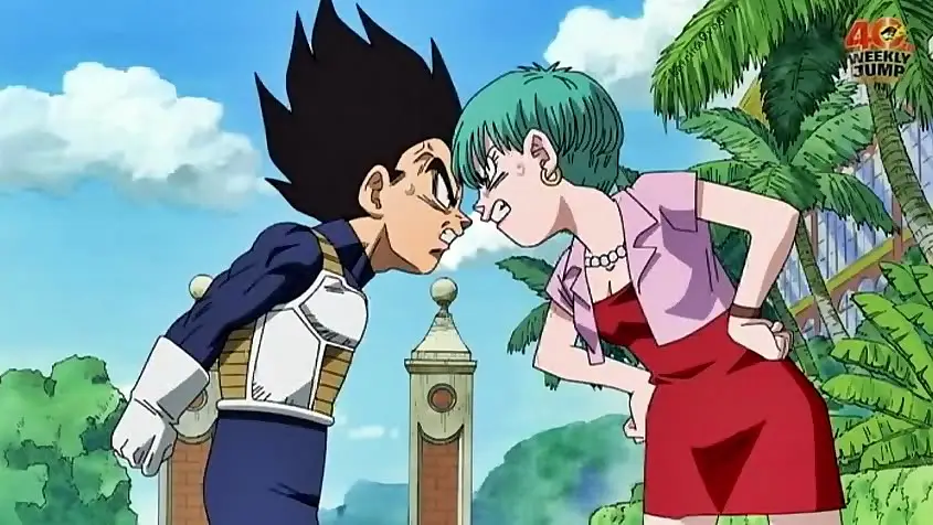 Bulma, aqua colored hair, blue eyes, yellow scarf wrapped around her neck, red dress, yellow boots, trailers. Obasan más atractivas