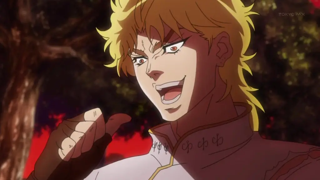 Dio Brando, 1boy, solo, blond hair, red eyes, black ribbed tank top, yellow jacket, yellow pants, green heart buckle belt, golden bracelets, maestros de la tortura en el anime