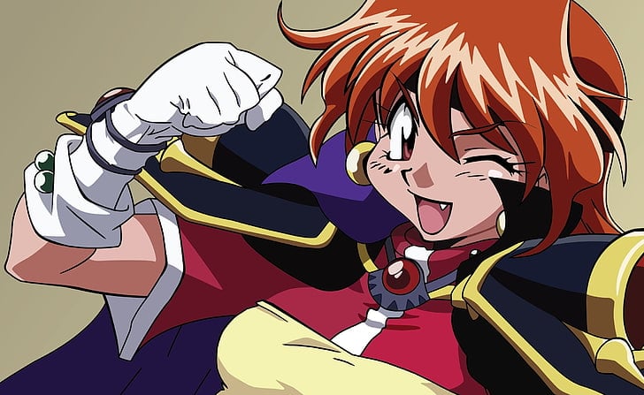 Waifus con Diseños de Combate más Sexys, lina inverse, 1girl, orange hair, big eyes, red eyes, fang,, earrings, jewelry, gloves, headband, yellow chest protector