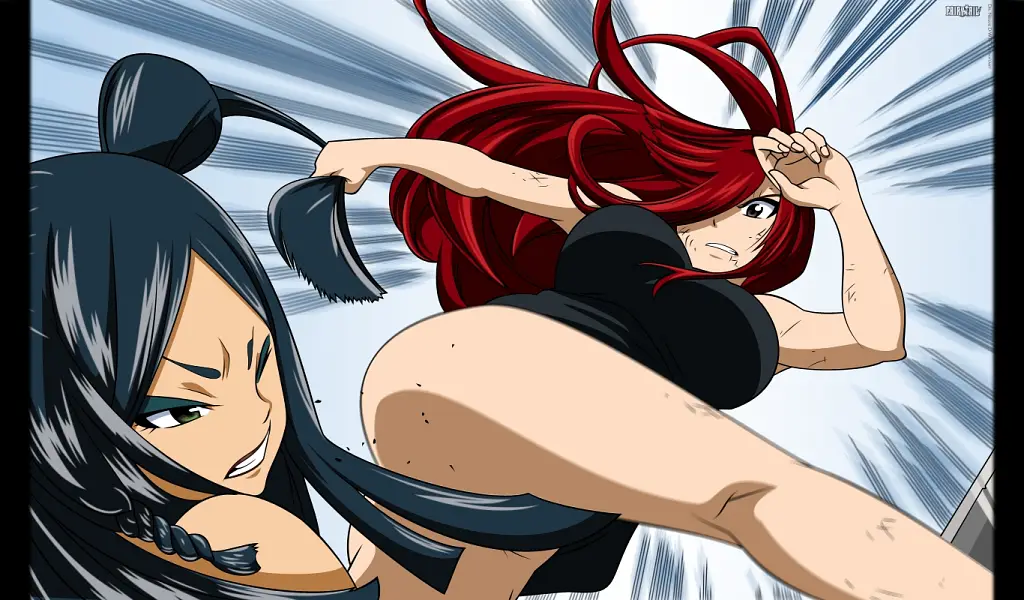 erza scarlet, red hair, brown eyes, long hair, bangs, sidelocks, sharp eyes, sfw, Ecchi de Batalla