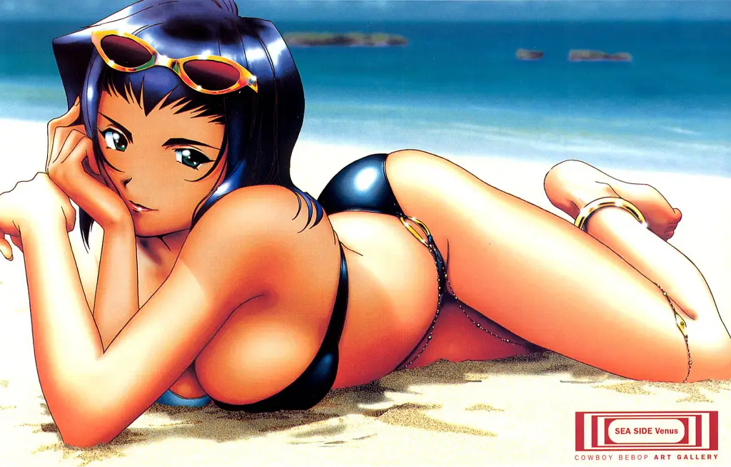 faye valentine, green hair, black hair, cleavage, navel, Obasan más atractivas
