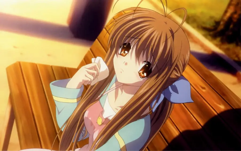 sanae furukawa, sanae furukawa (clannad), brown hair, long hair, ponytail, antenna hair, brown eyes, blue bow, multicolored sweater, apron, mature female, large breasts, 1girl, solo, Obasan más atractivas