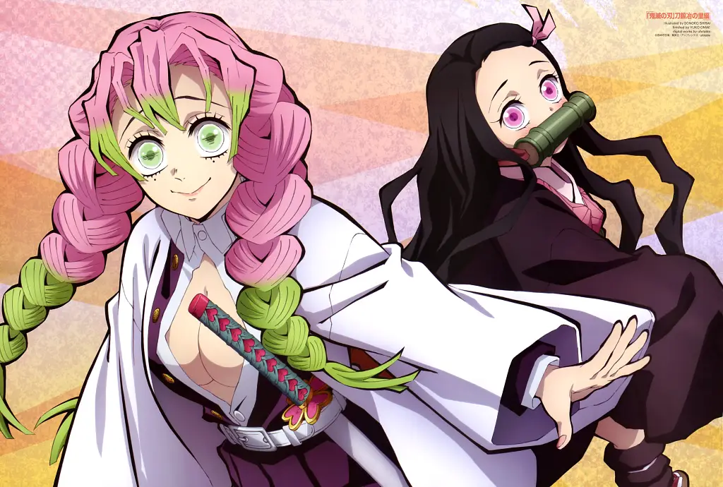 Waifus con Diseños de Combate más Sexys, Mitsuri Kanroji (甘露寺 蜜璃) - Demon Slayer (鬼滅の刃), mitsuri kanroji, braid, gradient hair, green eyes, green hair, long hair, mole, mole under eye, multicolored hair, pink hair, twin braids, two-tone hair,