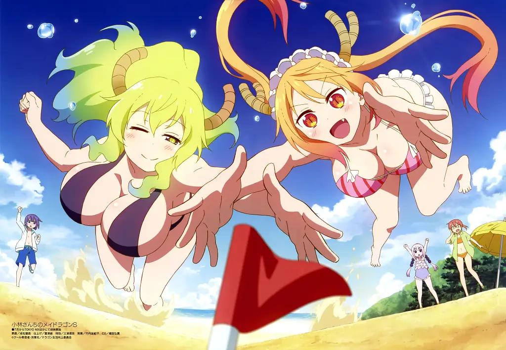 lucoa, lucoa (maidragon), blonde hair, blue hair, dragon girl, gradient hair, green hair, hair between eyes, horns through headwear, multicolored hair, baseball cap, pink hat, green eyes, purple eyes, yellow pupils, heterochromia, breasts, anime screencap