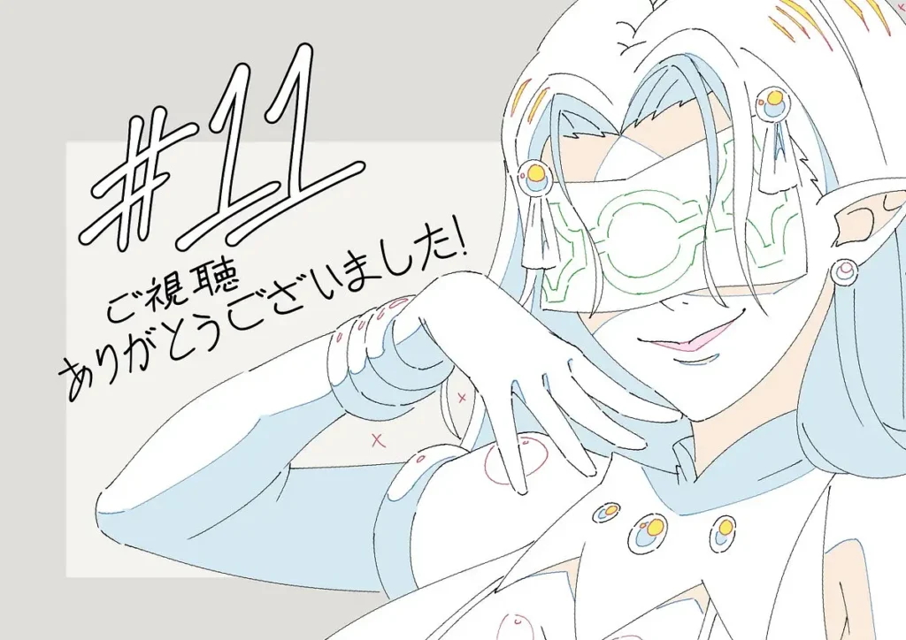 KJOkursh, blue hair, covered eyes, parted bangs, pointy ears, long hair,