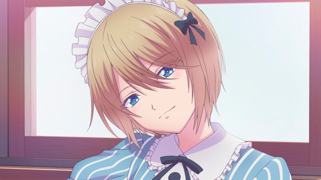 TerraceAkane, short hair, blue eyes, blonde hair, hair between eyes, breasts, maid, maid headdress, short sleeves, frills, puffy sleeves, striped clothes, blue striped dress, apron, neck ribbon