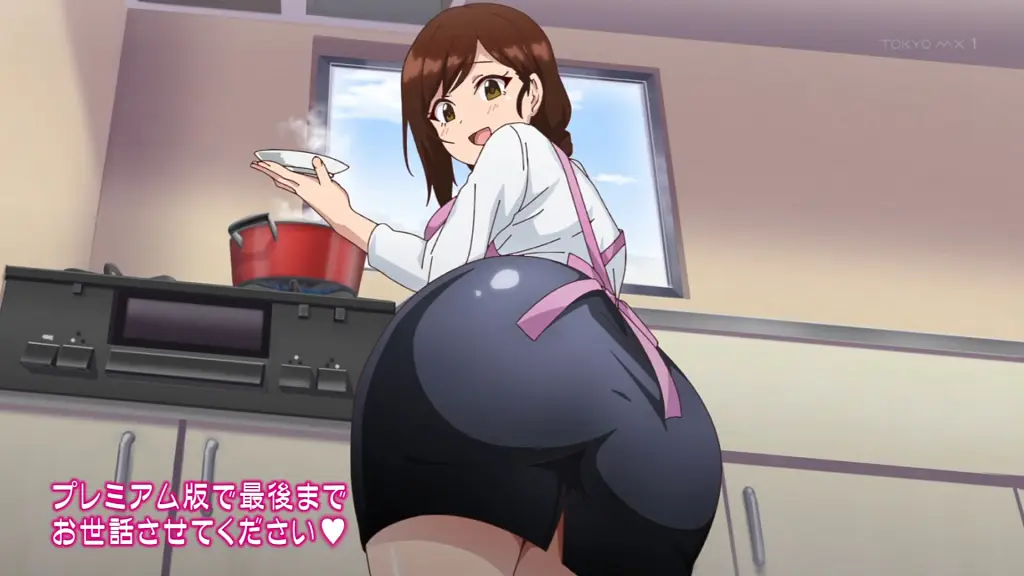 Minami Takasaki,yellow_eyes, brown_hair, long_hair, huge_breasts, earrings, , red shirt,skirt,