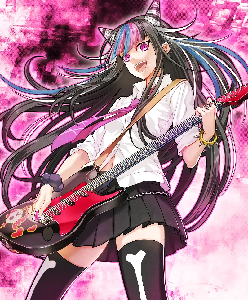 <lora:ibuki-mioda-s2-ponyxl-lora-nochekaiser:1>, ibuki mioda, black hair, blue hair, hair horns, ear piercing, lip piercing, long hair, multicolored hair, pink eyes, pink hair, white hair,