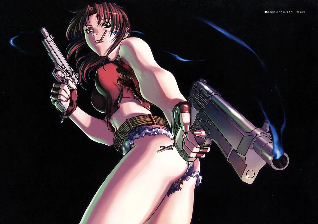 revy, purple hair, brown eyes, shoulder tattoo,, long hair,, ponytail,, tank top, midriff, holster, short shorts, belt, fingerless gloves, Ecchi de Batalla