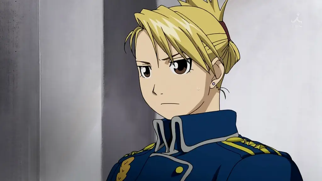 Riza Hawkeye (Fullmetal Alchemist) - Commission!, riza hawkeye, 1girl, solo, blonde hair, folded ponytail, brown eyes, earrings, jewelry, Waifus con una Belleza Elegante