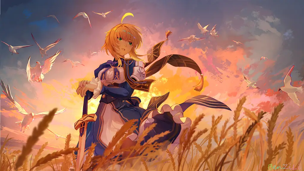 Saber - Fate Stay Night, masterpiece, best quality, amazing quality, fine details, Saber, solo, breasts, medium breasts, short hair, blonde hair, braid, hair bun, french braid, ahoge, hair between eyes, green eyes, ribbon, hair ribbon, blue ribbon, armor, dress, armored dress, blue dress, long sleeves, juliet sleeves, puffy sleeves, sword, excalibur, holding excalibur, Waifus con una Belleza Elegante