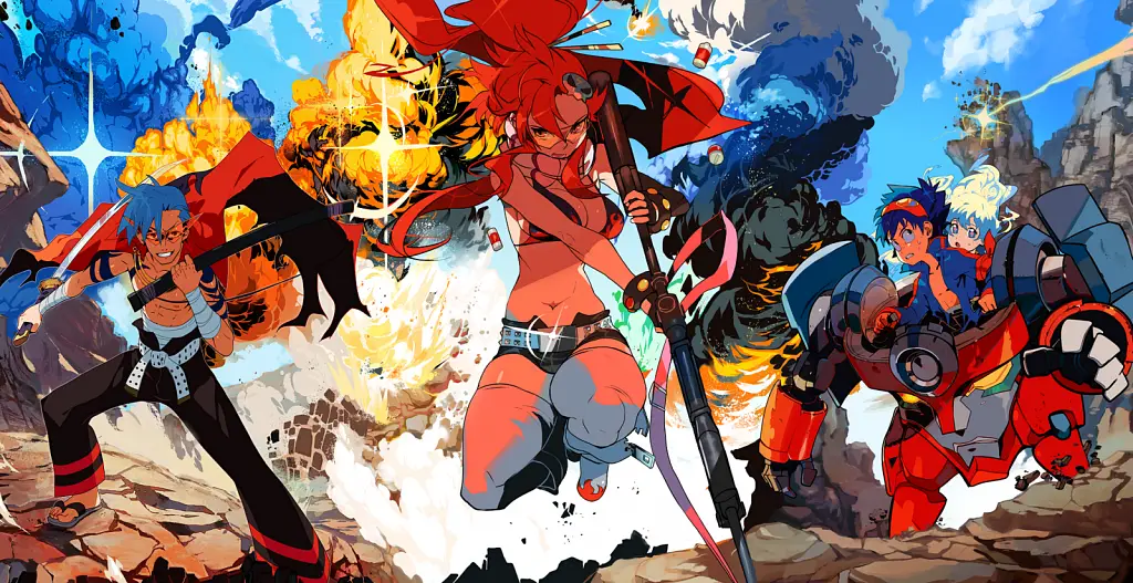 Waifus con Diseños de Combate más Sexys, Yoko Littner (ヨーコ・リットナー) - Tengen Toppa Gurren Lagann (天元突破グレンラガン), yoko littner, long hair, yellow eyes, red hair, glasses, hair down, mature female, large breasts, anime screencap