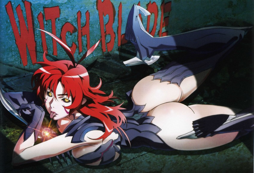 AMAHA_MASANE,Witchblade,red hair,long hair,antena hair,yellow iris,white part of the eye is black,black sclera,colored sclera,bikini armor, bare ass, 天羽雅音～ウィッチブレイド版～(AMAHA_MASAN～Witchbladever.～)(Illustrious)