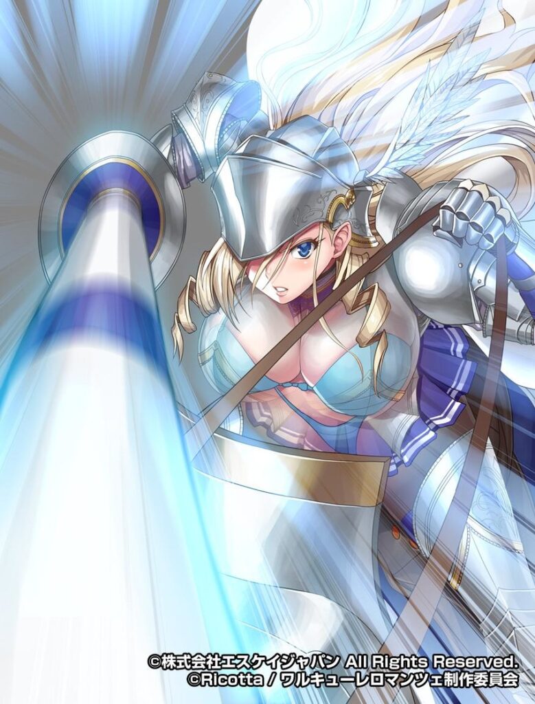 Celia Cumani Aintree, Walkure Romanze, elia Cumani Aintree, long hair, blonde hair, drill hair, blue eyes, hairband, hair over one eye, curly hair, Waifus con Diseños de Combate más Sexys