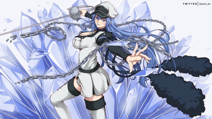 Waifus con Diseños de Combate más Sexys, blue hair, blue eyes, pale skin,large chest, Esdeath (エスデス) - Akame ga Kill! (アカメが斬る！)