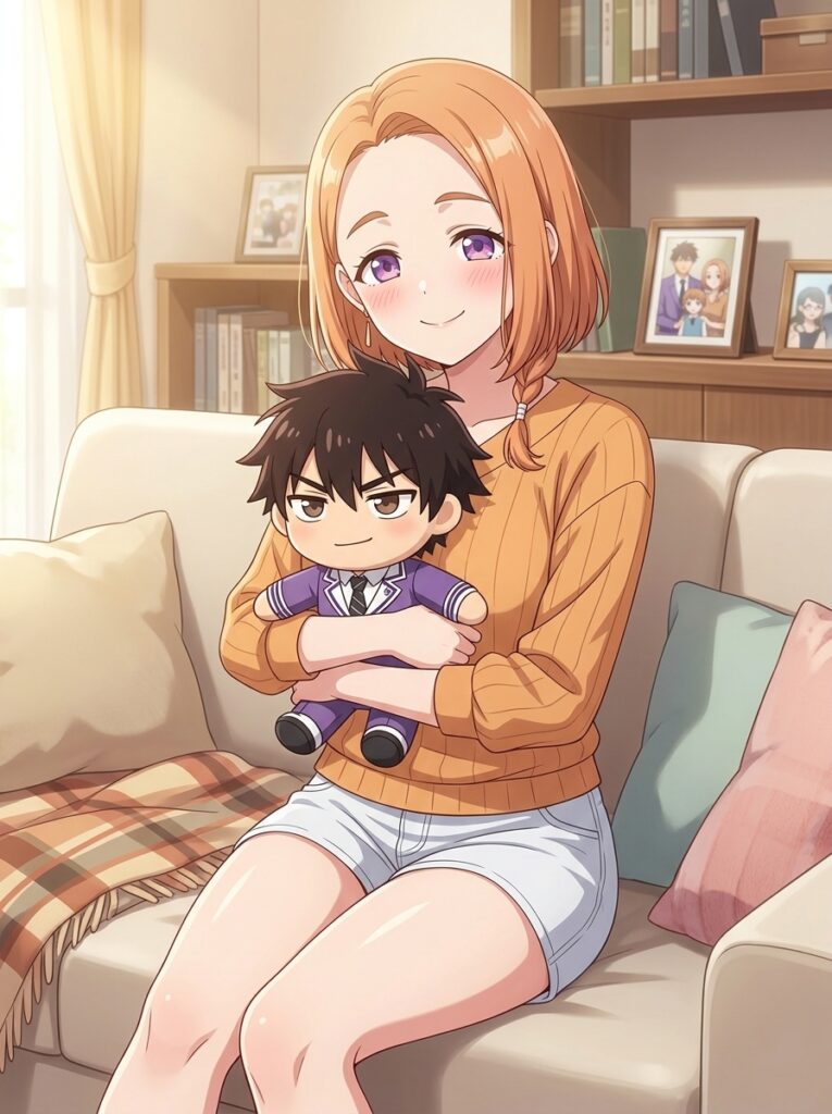 character: banri shiunji sitting on a couch hugging a small plushie that looks like arata shiunji from reference image close to her chest, masterpiece, shiunji family children. In a masterpiece anime-style illustration with best quality, majestic atmosphere, miniskirt, breasts, blush, looking at viewer, detailed, adorable, sweet pose, smile, closed mouth, blush