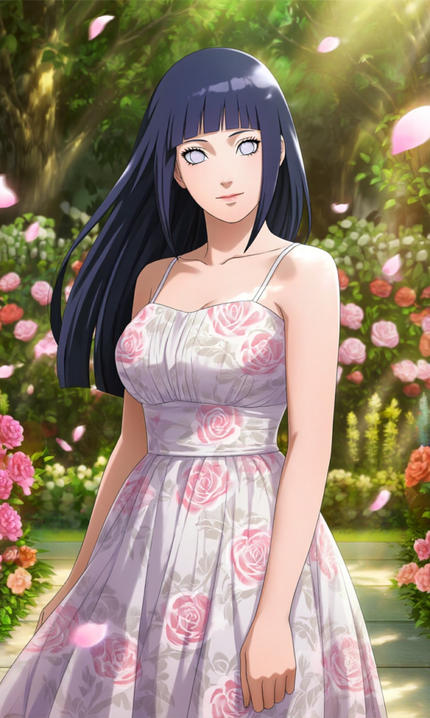 hinata_hyuga, naruto, A hyper-detailed anime illustration in 8K resolution featuring Hinata Hyuga, her luminous purple eyes without pupils gleaming softly under the sunlight. Her long dark blue hair cascades gracefully over her shoulders as she stands in an exquisite square garden filled with blooming flowers. She wears a delicate summer dress adorned with intricate rose patterns in soft pink and white hues, the fabric flowing gently with the breeze. Her smooth skin glows with a natural radiance, and her expression is serene yet slightly shy, capturing her gentle personality. The background is a lush garden with meticulously rendered foliage, petals drifting in the air, and warm sunlight filtering through the trees. The artwork boasts vivid anime coloring, refined rendering, and sharp focus, embodying the aesthetic of high-quality game CG.