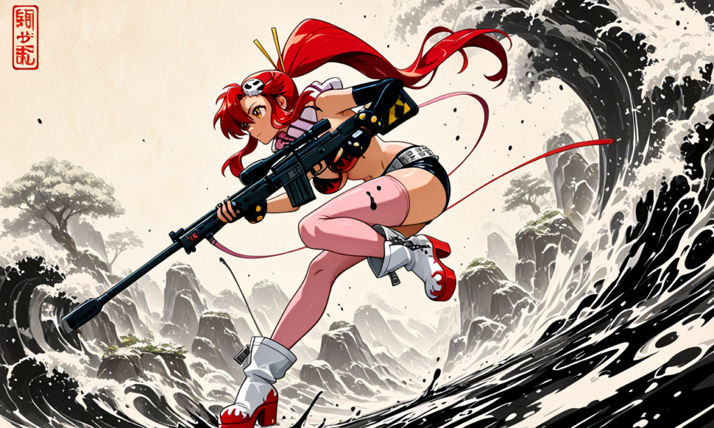 yoko littner, long hair, yellow eyes, red hair, glasses, hair down, mature female, large breasts, anime screencap, Ecchi de Batalla