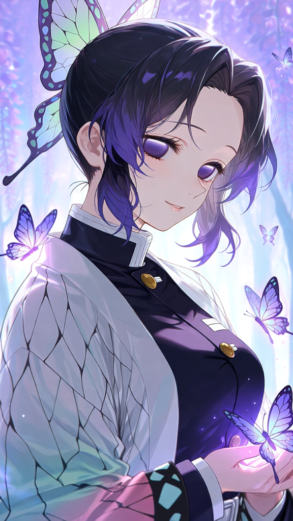 character: kochou_shinobu, A detailed close-up portrait of Shinobu Kocho from Demon Slayer, captured in a medium shot at eye level against a serene forest backdrop. Shinobu stands gracefully, her expression gentle and serene, with beautiful purple compound eyes gazing softly towards the viewer. Her short black hair features gradient purple tips and parted bangs, adorned with a butterfly hair ornament. She wears her traditional Demon Slayer uniform beneath a flowing haori decorated with intricate butterfly wing patterns. Numerous magical, glowing purple butterflies float around her, with several delicately resting on her hands, which are positioned gently in front of her waist. The background depicts a tranquil forest at night, illuminated by soft moonlight filtering through branches, with hanging wisteria flowers adding depth and color. Cinematic lighting highlights her smooth, glossy skin tones and expressive eyes, while clean linework defines her figure. The atmosphere is magical and ethereal, enhanced by soft glowing effects and a cool color palette dominated by purples, blues, and greens.