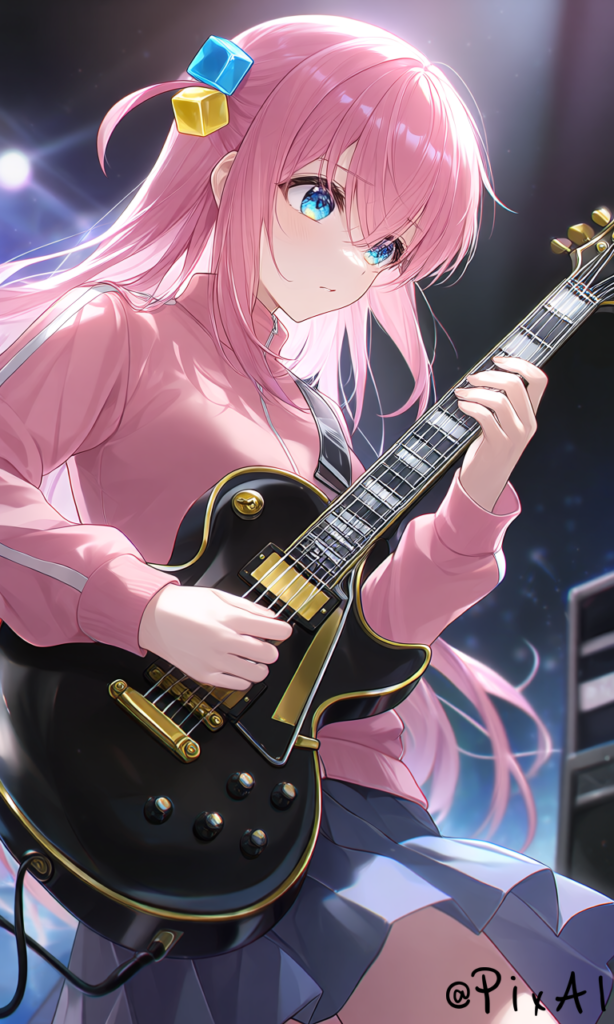 character: gotoh_hitori, A full body shot of Gotoh Hitori from Bocchi the Rock, captured from a dynamic low angle during an intense musical performance. She stands confidently on a dimly lit live house stage, gripping her electric guitar with both hands, her fingers pressing firmly on the fretboard and strumming area. Her expression is determined and focused, showcasing (beautiful detailed eyes:1.2) that gleam with passion. Hitori has long pink hair adorned with a distinctive cube hair ornament, with strands framing her face. She wears a pink track jacket over a pleated skirt, typical of her gyaru style. The background features a blurred live house environment with stage lights and equipment, emphasizing the depth of the scene. The illustration is a masterpiece of 2D anime art with super high resolution and 8K quality, featuring clean linework, (super detailed skin), and smooth, glossy skin tones. Dynamic lighting with soft light steps creates intricate, vibrant colors and a beautiful composition, highlighting the energetic atmosphere of the concert.
