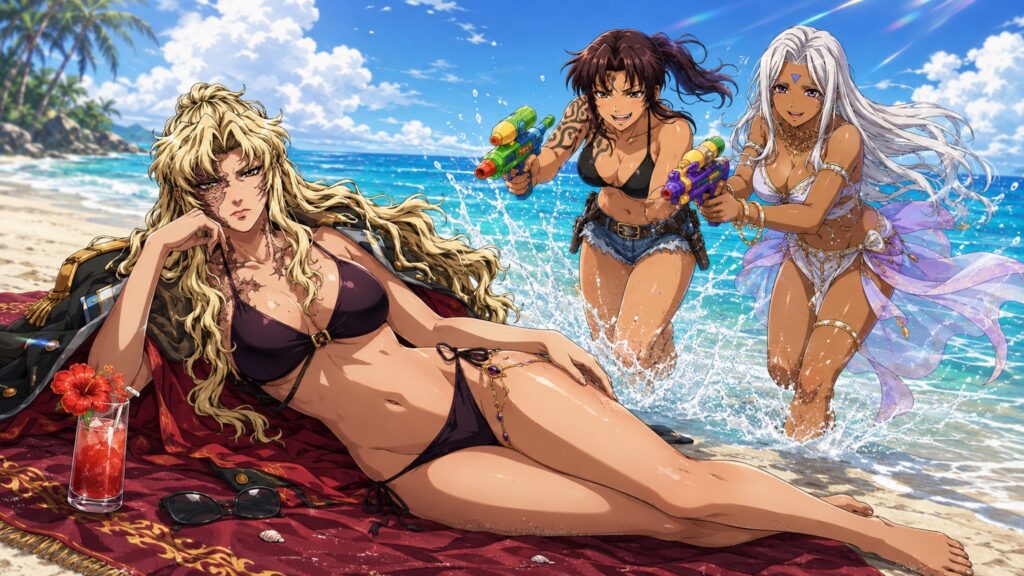 Balalaika, Black Lagoon, Light blonde hair,1girl, long hair, ponytail hair, blue eyes, burn scars on body, red lips, Obasan más atractivas