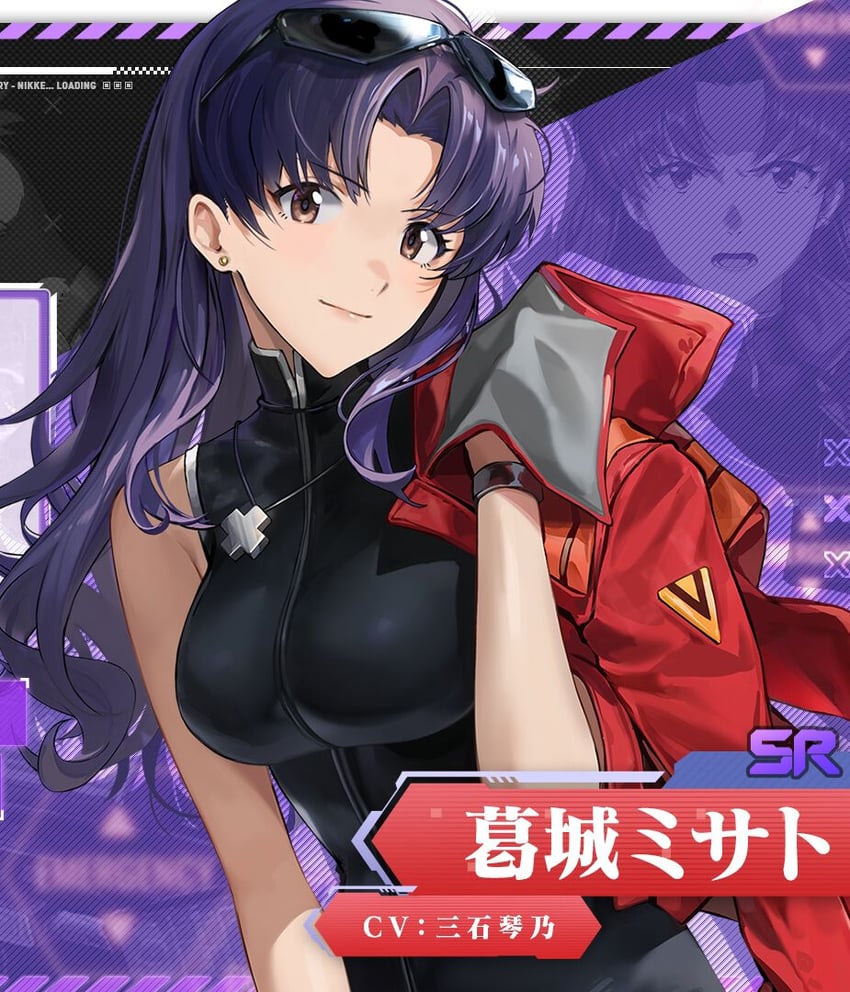 Misato, long hair, brown eyes, purple hair, parted bangs,, red jacket, pencil skirt, cross necklace, black shirt, turtleneck, cropped jacket, white pearl earring, slender body, red beret hat, Misato Katsuragi from Neon Genesis Evangelion 葛城美里(旧版新世纪福音战士