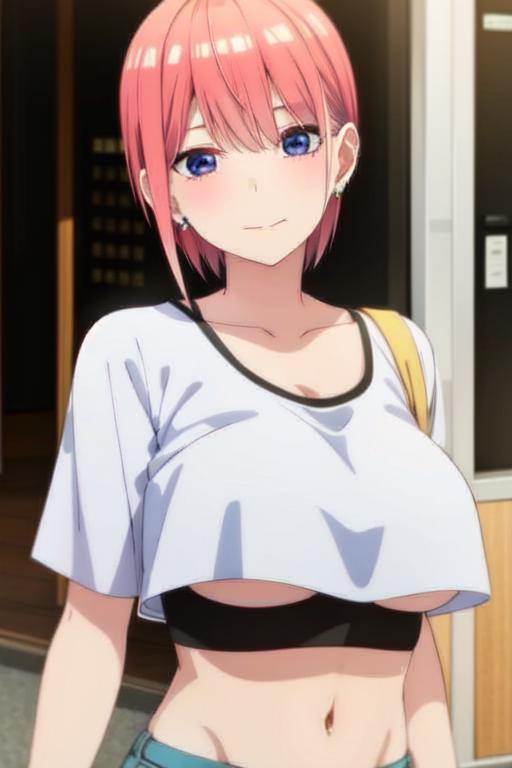 nakano ethics blue eyes pink hair earrings hoop earrings jewelry looks at the viewer short hair