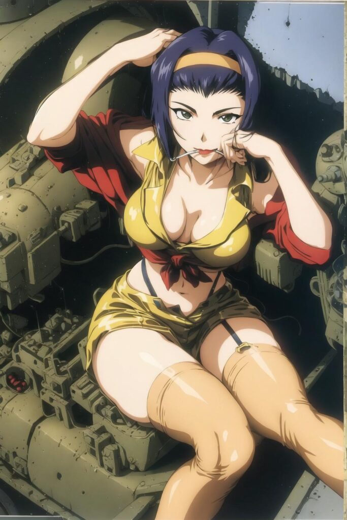 faye valentine, green hair, black hair, cleavage, navel