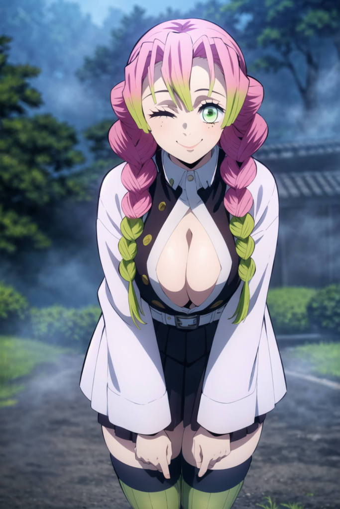 Mitsuri Kanroji (甘露寺 蜜璃) - Demon Slayer (鬼滅の刃), mitsuri kanroji, braid, gradient hair, green eyes, green hair, long hair, mole, mole under eye, multicolored hair, pink hair, twin braids, two-tone hair,